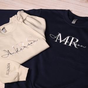 Custom Mr Mrs Embroidered Sweatshirt With Date On Sleeve, Personalized Wifey & Hubby Hoodie, Matching Couples Outfit, Bridal Shower Clothing