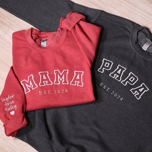 Personalized Mama Papa Embroidered Sweatshirt With Kids Names On Sleeve, Custom Matching Dad & Mom Embroidery Hoodie, Happy Mothers Day Gift