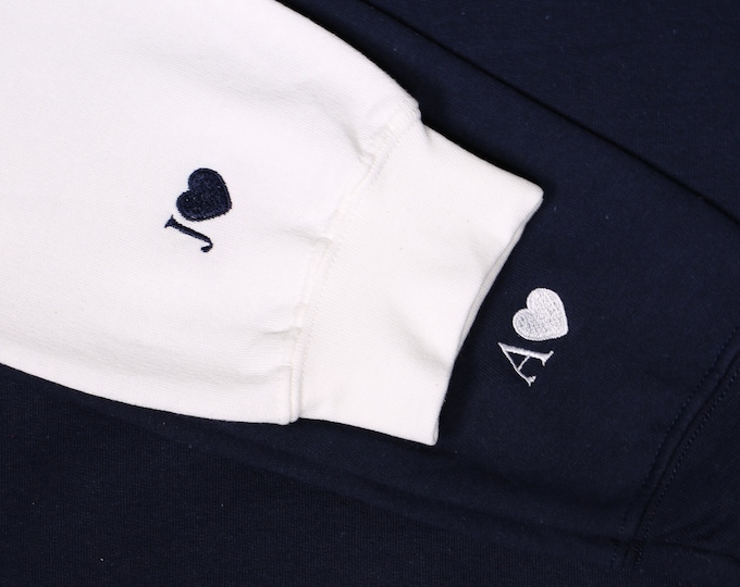 Custom Embroideried Initial Heart Sweatshirt On Sleeve, Personalized Couple Embroidery Hoodie, Matching Valentines Outfit, Anniversary Gifts