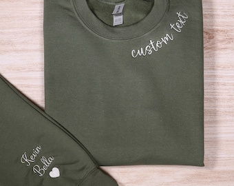 Aangepaste tekst geborduurd sweatshirt met namen op mouw, gepersonaliseerde naam hoodie, Moederdagcadeau, bijpassend cadeau paar, verjaardagscadeaus