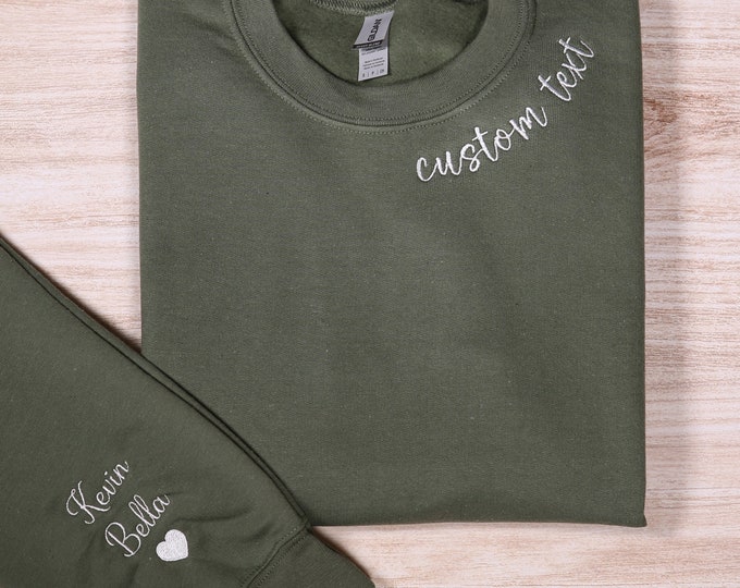 Custom Text Embroidered Sweatshirt With Names On Sleeve, Personalized Name Hoodie, Mothers Day Gift, Matching Couple Gift, Anniversary Gifts