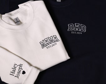 Gepersonaliseerd papa-geborduurd sweatshirt, aangepaste mama-hoodie met kindernamen op mouw, bijpassende outfits mama en papa, cadeaus babyaankondiging