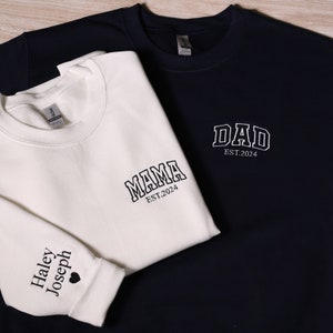 Personalized Dad Embroidered Sweatshirt, Custom Mama Hoodie With Kids Names On Sleeve, Matching Mom & Dad Outfits, Baby Announcement Gifts