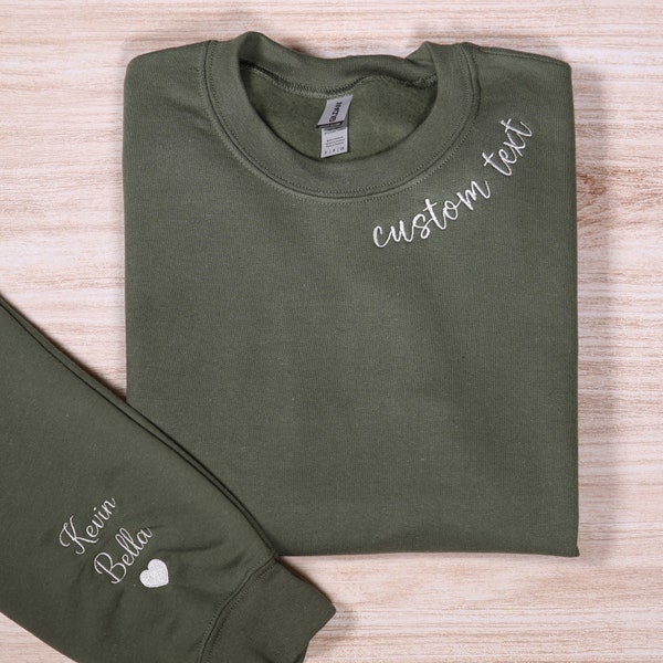 Custom Text Embroidered Sweatshirt With Names On Sleeve, Personalized Name Hoodie, Mothers Day Gift, Matching Couple Gift, Anniversary Gifts
