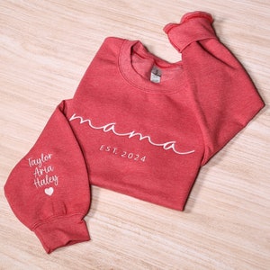 Custom Mama Embroidered Sweatshirt, Personalized Mom Hoodie With Kids Names Sleeve, Pregnancy Reveal Outfit, Birthday Gift, Mothers Day Gift