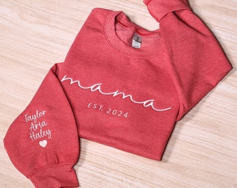 Custom Mama Embroidered Sweatshirt, Personalized Mom Hoodie With Kids Names Sleeve, Pregnancy Reveal Outfit, Birthday Gift, Mothers Day Gift