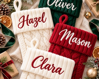 Custom Family Christmas Stockings, Personalized Name Embroidered Christmas Stocking, Xmas Family Gifts, Knitted Stockings with Name