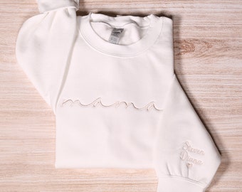 Personalized Mama Embroidered Sweatshirt With Kids Names Sleeve, Custom Mom Hoodie, Baby Reveal Outfit, New Mom Clothing, Mothers Day Gifts