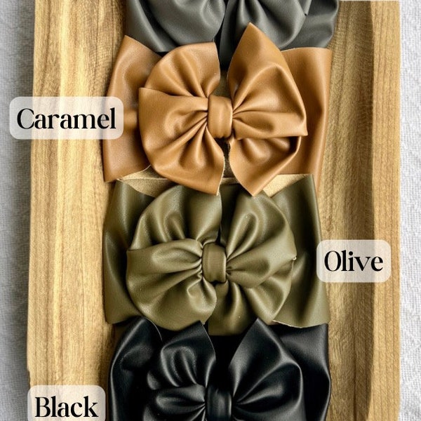 FAUX LEATHER SOLIDS • Big Bow Headwraps, Headbands, Clips, Piggies, Messy Bow for Newborns, Infants, Children. Soft and Stretchy. Handmade.