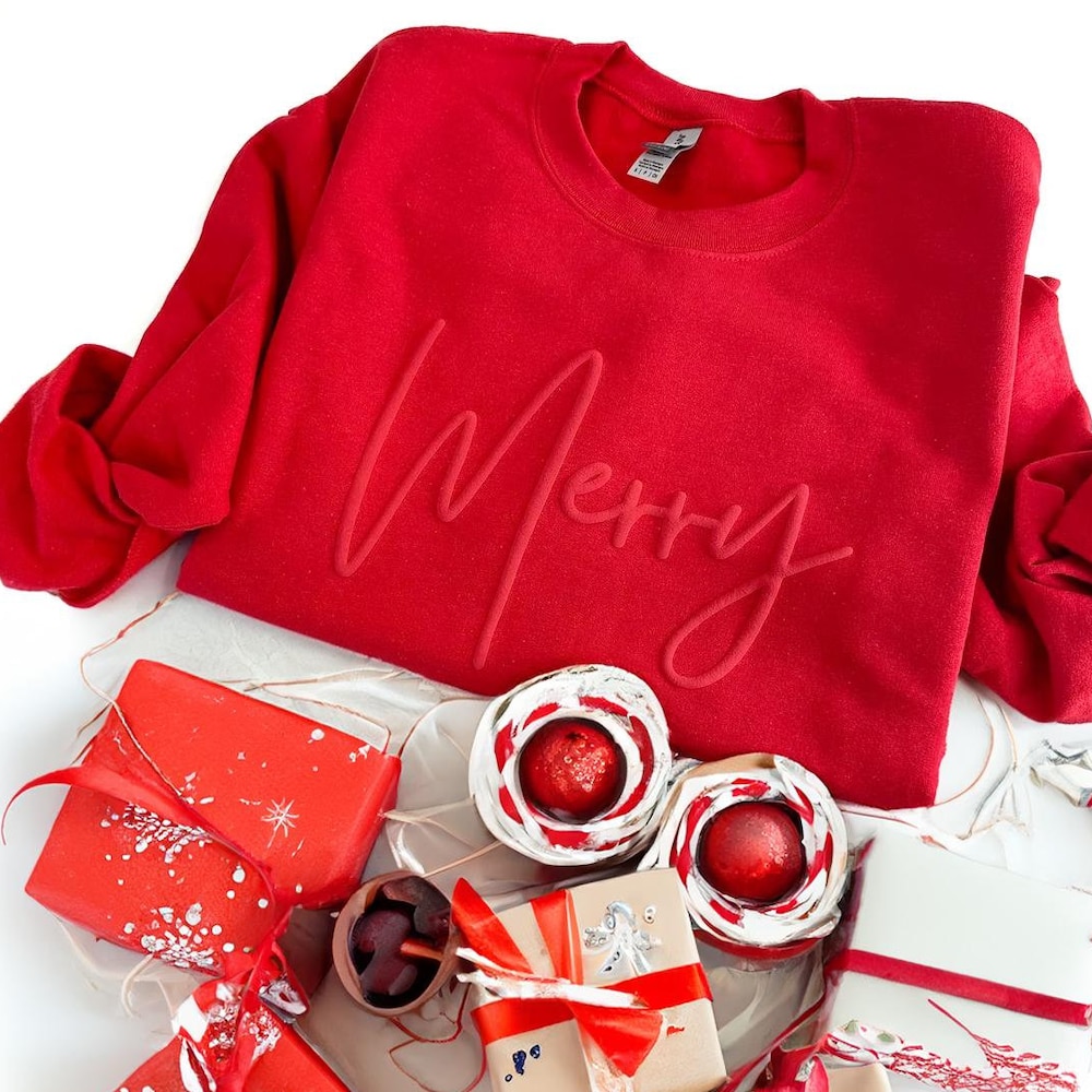 Embossed Gift Embossed Christmas Sweatshirt, Merry Sweatshirt, Puff Print Sweatshirt, Merry Puff Sweatshirt, Cute Merry Sweatshirt, Christmas Gift Idea Puff Sweatshirt