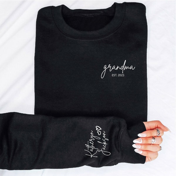 Custom Grandma Sweatshirt with Date and Grandkids Names on Sleeve, Personalized Gramma Hoodie, Mother's Day Gift, Cute Custom Granny Sweater