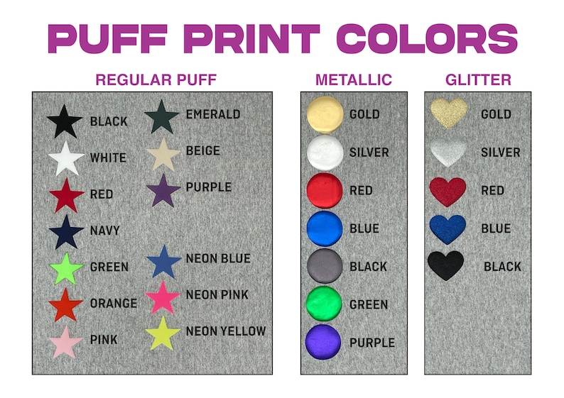 a collection of colors, including regular puff, metallic, and glitter colors, arranged in a visually appealing manner.