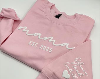 Personalized Puff Embossed Mama Sweatshirt with Kid Names on Sleeve, Mothers Day Gift, Birthday Gift for Mom, New Mom Gift, Mama Sweatshirt