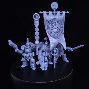May include: A collection of grey miniature figures, likely for tabletop gaming. The figures are heavily armoured and armed with weapons, including guns and swords. A banner with a Greek-style design is held aloft.
