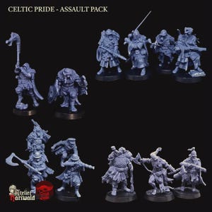 Peut inclure: Ensemble de figurines miniatures de guerriers, probablement pour des jeux de société, de couleur bleu-gris foncé. Les figurines représentent des guerriers avec diverses armes. Le texte "CELTIC PRIDE - ASSAULT PACK" est visible.