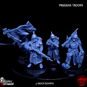 May include: A group of five blue Prussian Troops miniatures. Each figure is dressed in a long coat, helmet, and gas mask, and armed with rifles or other weapons. The text "PRUSSIAN TROOPS" and "5 SHOCKTROOPEN" are visible.