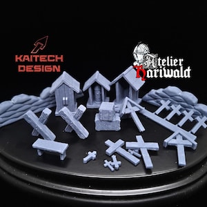 Peut inclure: Un ensemble de bâtiments et de pierres tombales miniatures imprimés en 3D, parfaits pour les jeux de table ou les maquettes de chemin de fer. L'ensemble comprend une variété de structures, notamment une petite église, un puits et quelques maisons. Il y a aussi plusieurs pierres tombales, certaines avec des croix et d'autres avec des pierres simples.