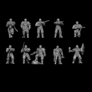 May include: A set of ten gray plastic miniature figures of soldiers wearing gas masks and holding various weapons. The figures are posed in different action stances.