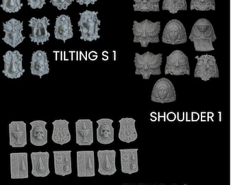 May include: A collection of gray plastic miniature figurines, including shoulder pads and tilting shields. The shoulder pads feature winged designs and sculpted faces. The tilting shields have various emblems, including skulls and chalices. The text "TILTING S 1", "SHOULDER 1", and "TILTING S 2" are visible.