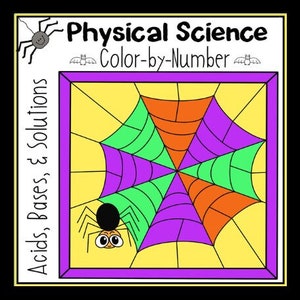 Pode incluir: Uma folha de atividade de colorir por números que apresenta uma teia de aranha com uma aranha no centro. A teia está dividida em seções com diferentes cores, incluindo roxo, verde, laranja e amarelo. O título da atividade é "Physical Science Color-by-Number" e o texto "Acids, Bases, & Solutions" está escrito verticalmente no lado esquerdo da imagem.