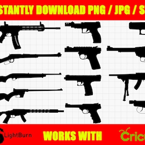 May include: A collection of black firearm silhouettes, including rifles, shotguns, and pistols. The image includes the text "INSTANTLY DOWNLOAD PNG / JPG / SVG" and "WORKS WITH Cricut".