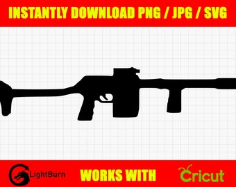 May include: Black silhouette of a rifle with a scope. The image is on a white grid background with the text "INSTANTLY DOWNLOAD PNG / JPG / SVG" at the top and "WORKS WITH Cricut" at the bottom.