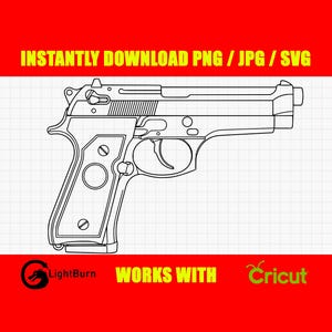 Può includere: Un'illustrazione a linee bianche e nere di una pistola semiautomatica centrata su uno sfondo a griglia. Il testo recita INSTANTLY DOWNLOAD PNG / JPG / SVG, WORKS WITH LightBurn e Cricut. Il design è posto su uno sfondo rosso brillante.