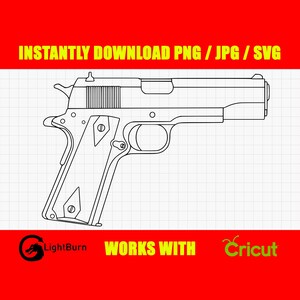 Puede incluir: Una ilustración de arte lineal en blanco y negro de una pistola semiautomática sobre un fondo de cuadrícula. El texto dice INSTANTLY DOWNLOAD PNG / JPG / SVG, WORKS WITH LightBurn y Cricut. El diseño se presenta sobre un fondo rojo brillante.