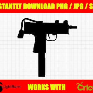 May include: Black silhouette of a submachine gun with a magazine and a barrel. The gun is facing right. The image is on a white grid background.
