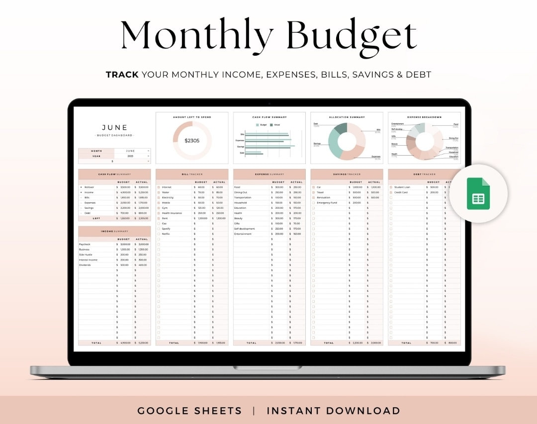 Monthly Budget Spreadsheet for Google Sheets Budget Planner Expense ...