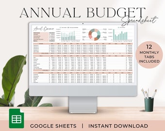 May include: A computer screen displaying a Google Sheets spreadsheet with the title "Annual Budget Spreadsheet". The spreadsheet includes a monthly budget tracker with 12 tabs for each month of the year. The spreadsheet is designed to help users track their income and expenses. The image also includes the text "12 Monthly Tabs Included" and "Google Sheets | Instant Download".