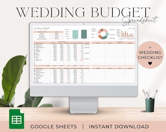 Peut inclure: Un écran d'ordinateur affichant un tableur de budget de mariage dans Google Sheets. Le tableur comprend des sections pour les postes budgétaires, les dépenses réelles et une liste de contrôle de mariage. Le tableur est conçu avec un schéma de couleurs rose et vert.