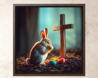 Easter Bunny  Praying At The Cross Print Christian Wall Art Gifts Bible Scripture Verse Artwork