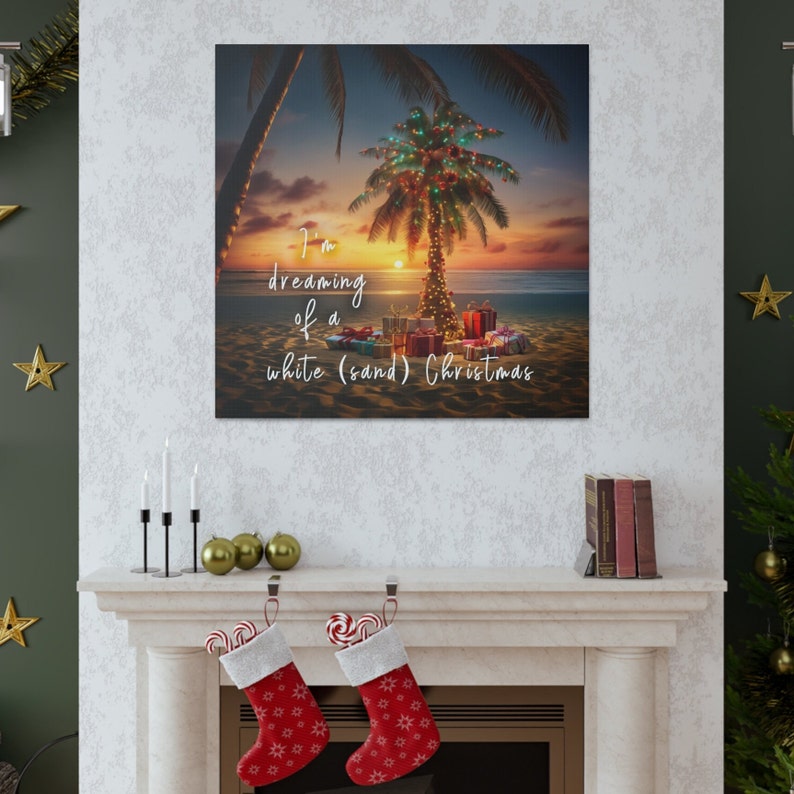 Christmas Palm Tree on Beach Canvas Print Aesthetic Christmas Beach