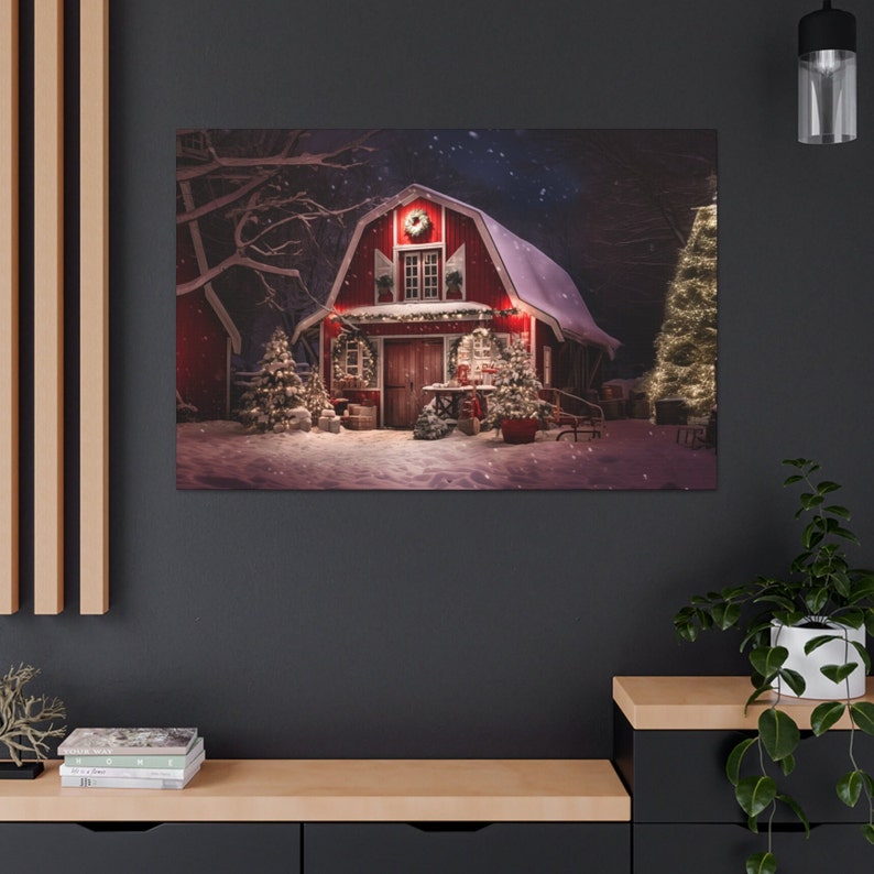 Red Christmas Barn Canvas Print Christmas Wall Decor Art Prints