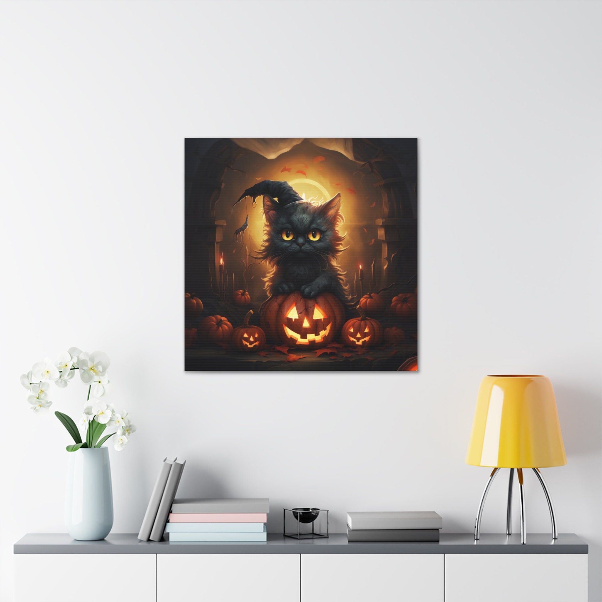Cute Black Cat Halloween Canvas Print Wall Art Halloween Black Cats ...