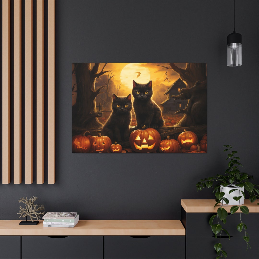 Black Cats and Pumpkins Canvas Print Wall Art Halloween Decor Art ...