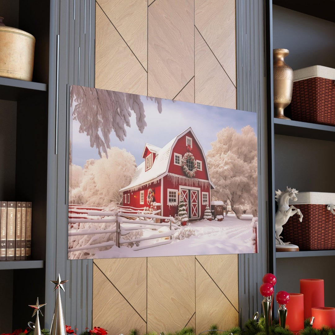 Red Christmas Barn Wall Decor Art Print Christmas Canvas Prints ...