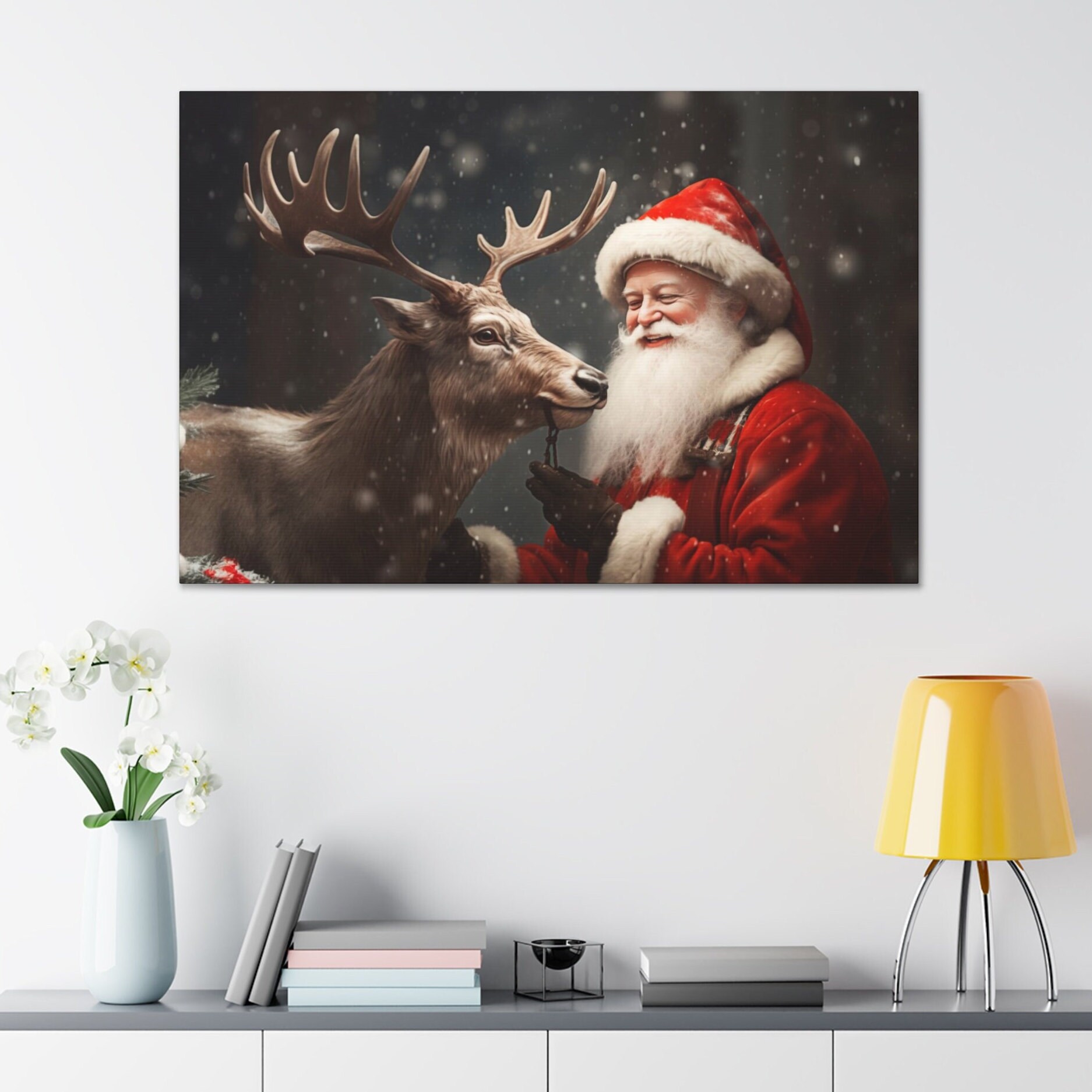 Santa With Reindeer Canvas Print Christmas Wall Decor Art Prints Gifts Decorations Santa's