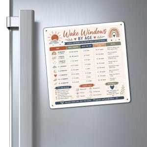 May include: A square magnetic chart titled Wake Windows By Age with a cream background, featuring a table of baby sleep schedules, icons of suns, moons, and rainbows, and sections for tips, sleepy cues, and notes in muted earth tones.