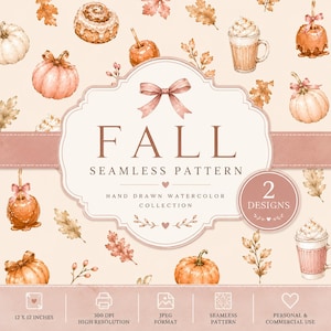 Preppy Fall Watercolor Seamless Pattern | Pumpkin Spice, Cozy Preppy Designs (Commercial Use)