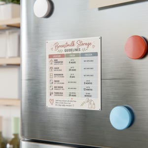 May include: A rectangular magnet featuring a breastmilk storage guidelines chart with columns for location, fresh, and frozen storage times. The design includes icons for room temperature, cooler, refrigerator, freezer, and deep freezer in muted tones.