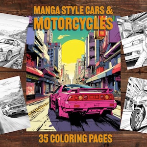 Puede incluir: Un conjunto de 35 páginas para colorear con coches y motos estilo manga. La portada muestra un coche deportivo rosa en una calle de la ciudad, con otras páginas que muestran varios vehículos en ilustraciones en blanco y negro.