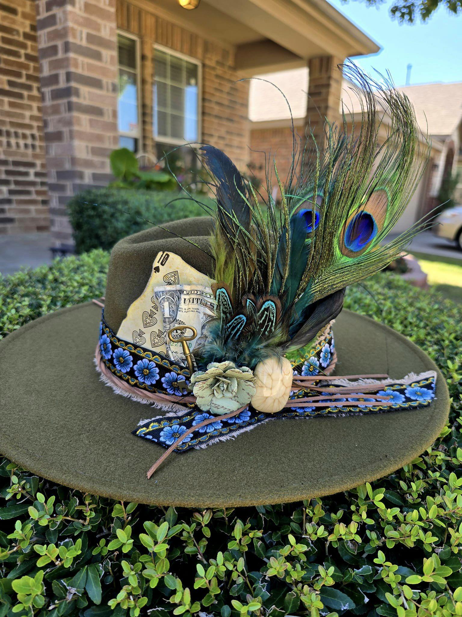 Chic Women\'s Hat in Mint With Custom Peacock Art Peacock Burned Hat, Peacock Engraved Cowboy Hat, Peacock Hat  main image 4