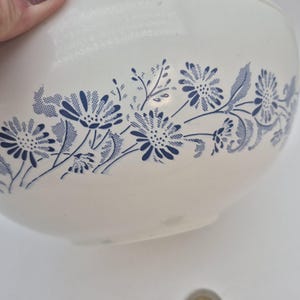 May include: A white ceramic bowl with a blue floral pattern. The design features stylized flowers and foliage. The bowl has a rounded shape and a smooth surface. The blue and white colour scheme gives the bowl a classic, vintage feel.