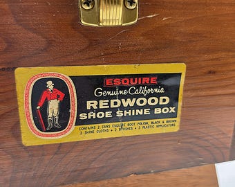 ヴィンテージ レッドウッド製靴磨きボックス エスクァイア カリフォルニア – 1960年代 木製靴ケアボックス – 素朴なインテリア mcm