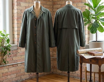 Vintage London Fog Olive Green Trench Coat – Men's Long Raincoat Made in Canada – Size 42 Tall (T/L) – Check Lining