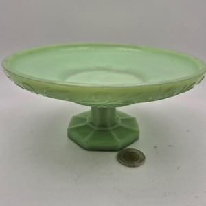 Könnte beinhalten: Eine hellgrüne Glasschale auf einem Fuß mit einem flachen, breiten Becken und geprägten Schnörkelmustern am äußeren Rand. Die Schale steht auf einem achteckigen Sockel und ist neben einer kleinen runden Münze als Größenvergleich abgebildet.