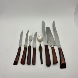 Könnte beinhalten: Ein Set aus sieben Besteckteilen mit braunen Griffen, bestehend aus vier Messern mit unterschiedlichen Klingenformen, einer Gabel, einem Löffel und einem Tortenheber. Die Metallklingen und Besteckteile sind silberfarben und glatt.