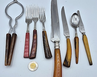 Juego de cubiertos Art Déco vintage / estilo MCM – Mangos de ámbar, mármol y baquelita – Cuchillos, tenedores, cuchara y cascanueces – Estilo shabby chic